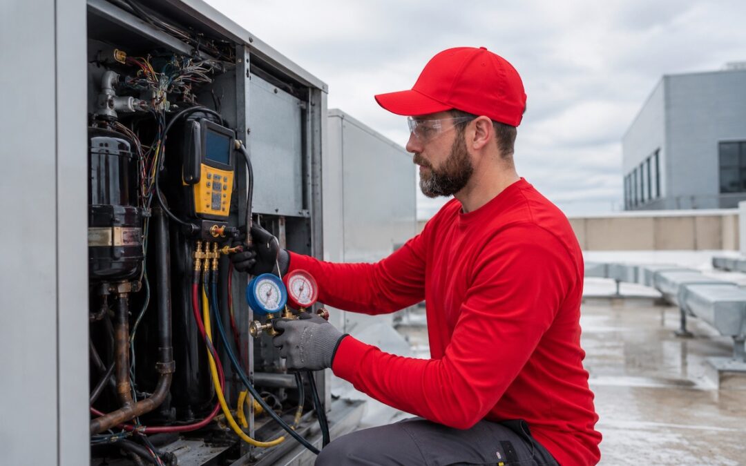 ABC technician working on a rooftop commercial HVAC unit