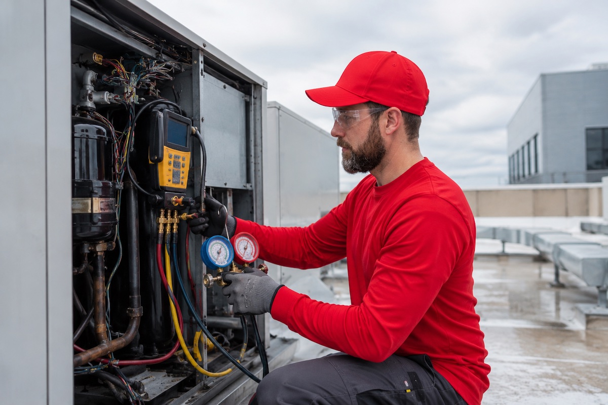 ABC technician working on a rooftop commercial HVAC unit