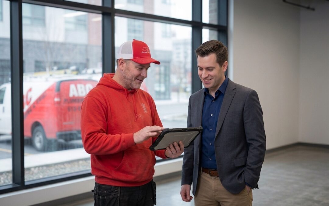 An ABC plumber talking with a project manager about a commercial project