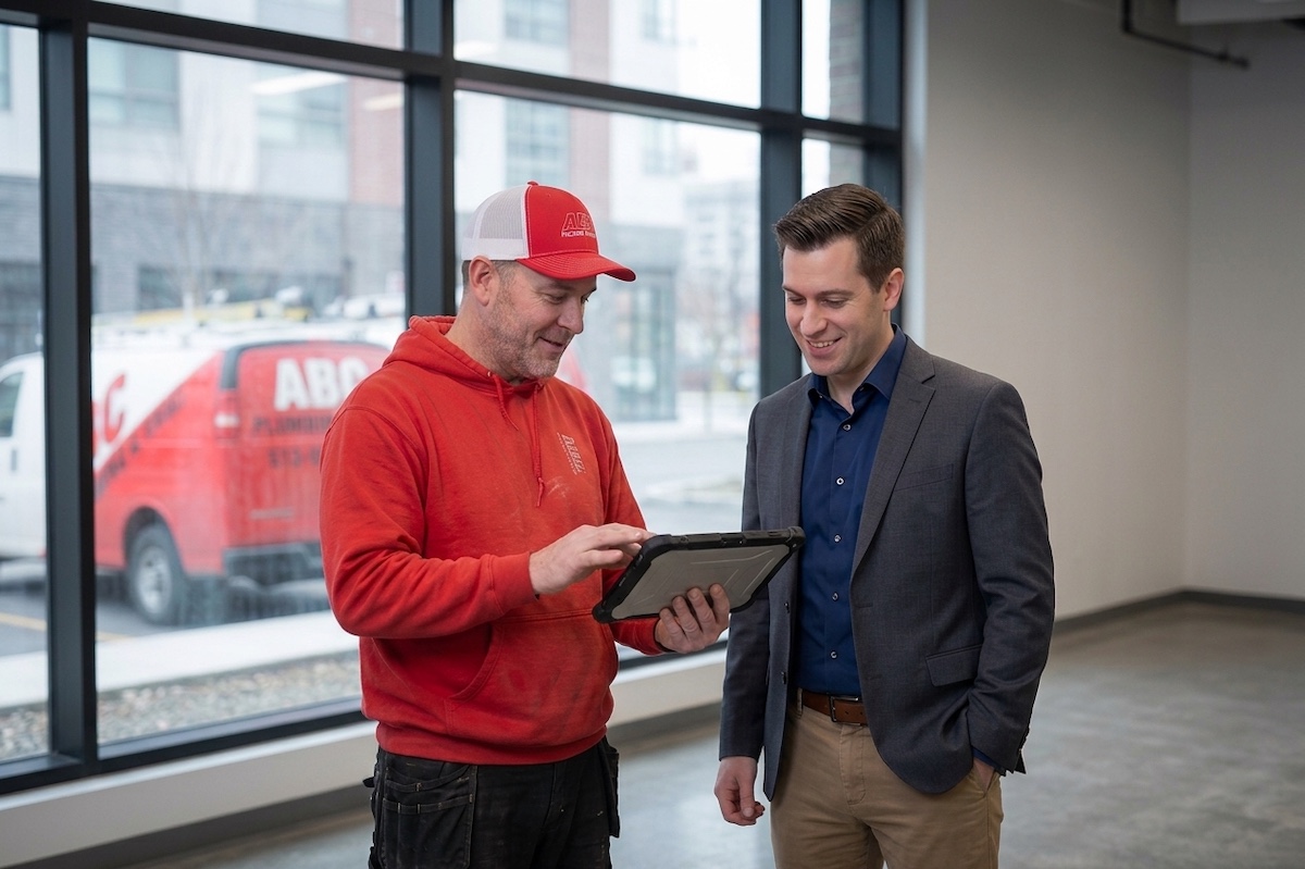 An ABC plumber talking with a project manager about a commercial project